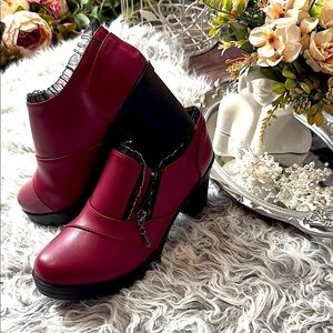 NWT Burgundy and Black Heeled Boots 6.5